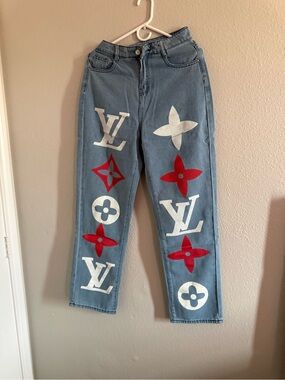 Blue Straight-Leg Jeans with Red & White Graphic Motifs